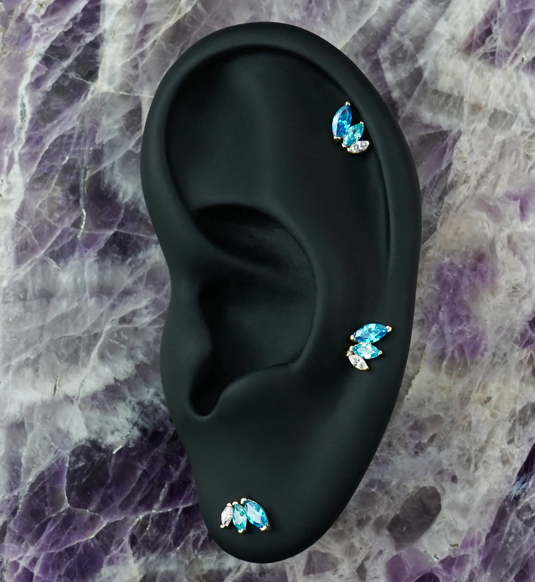 14kt Gold Triple Marquise Blue Topaz CZ Threadless Top - Image 2