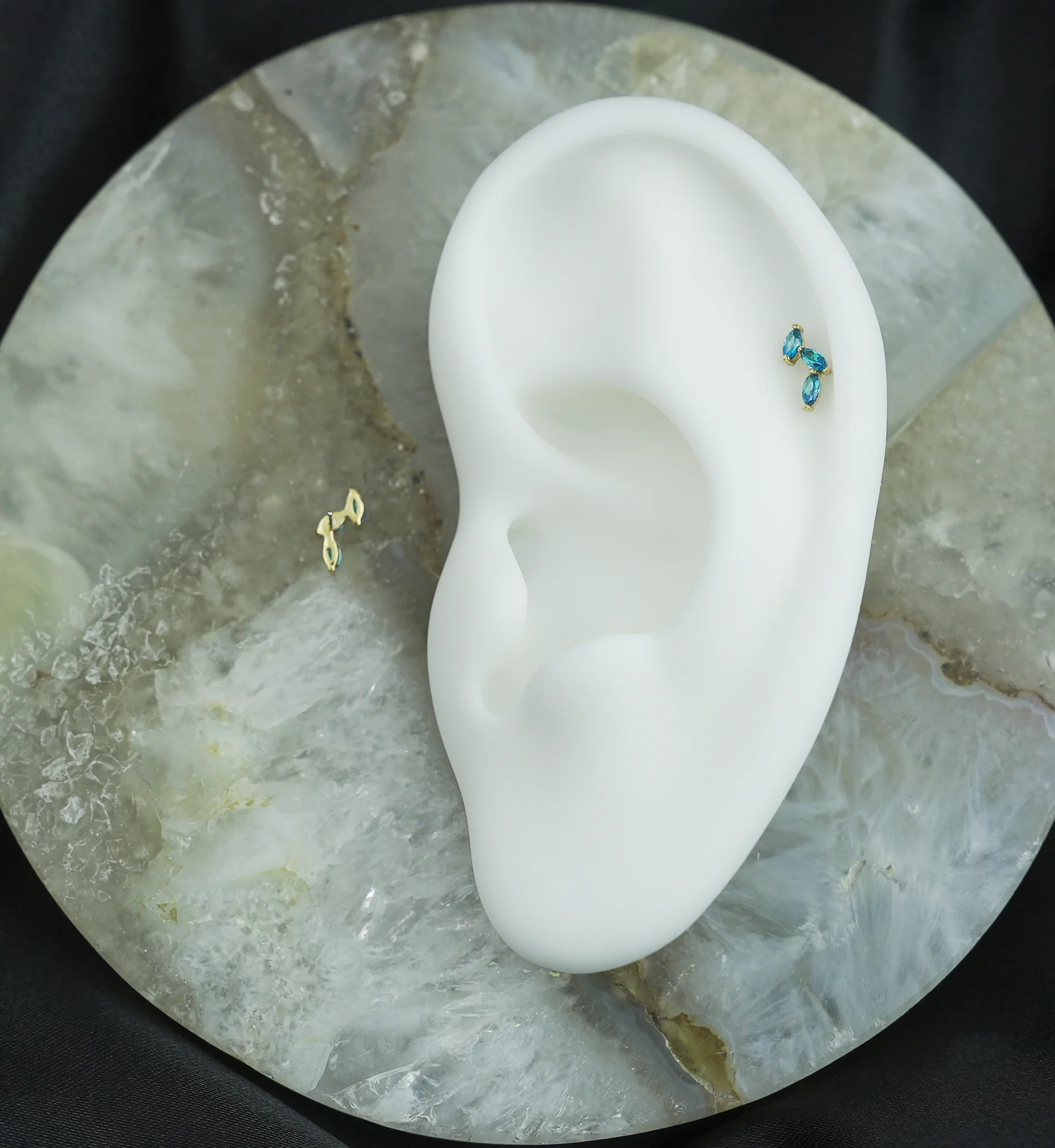 14kt Gold Triple Marquise Vine Blue Topaz CZ Threadless Top - Image 2