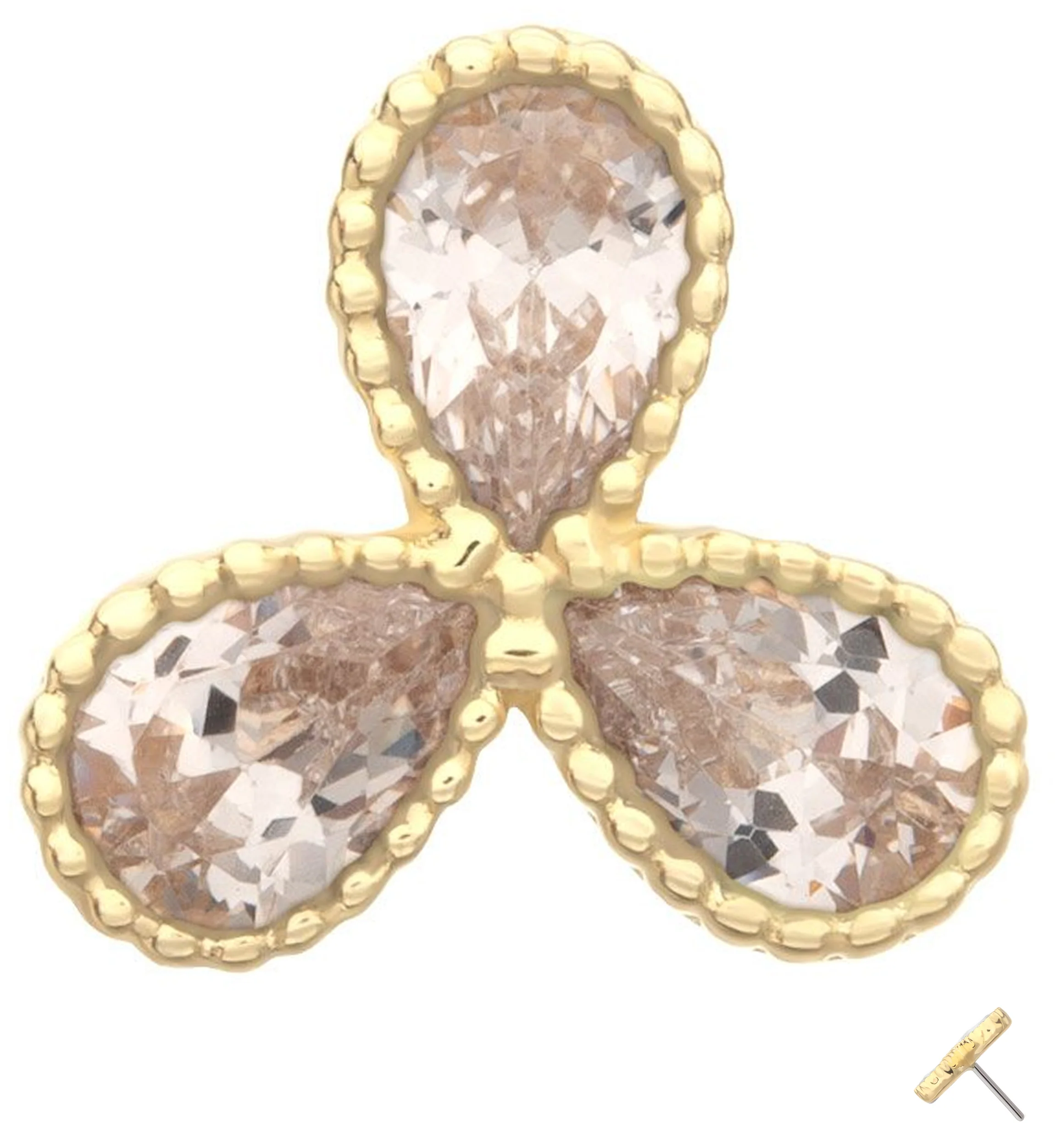 14kt Gold Triple Milgrain Teardrop Clear CZ Threadless Top