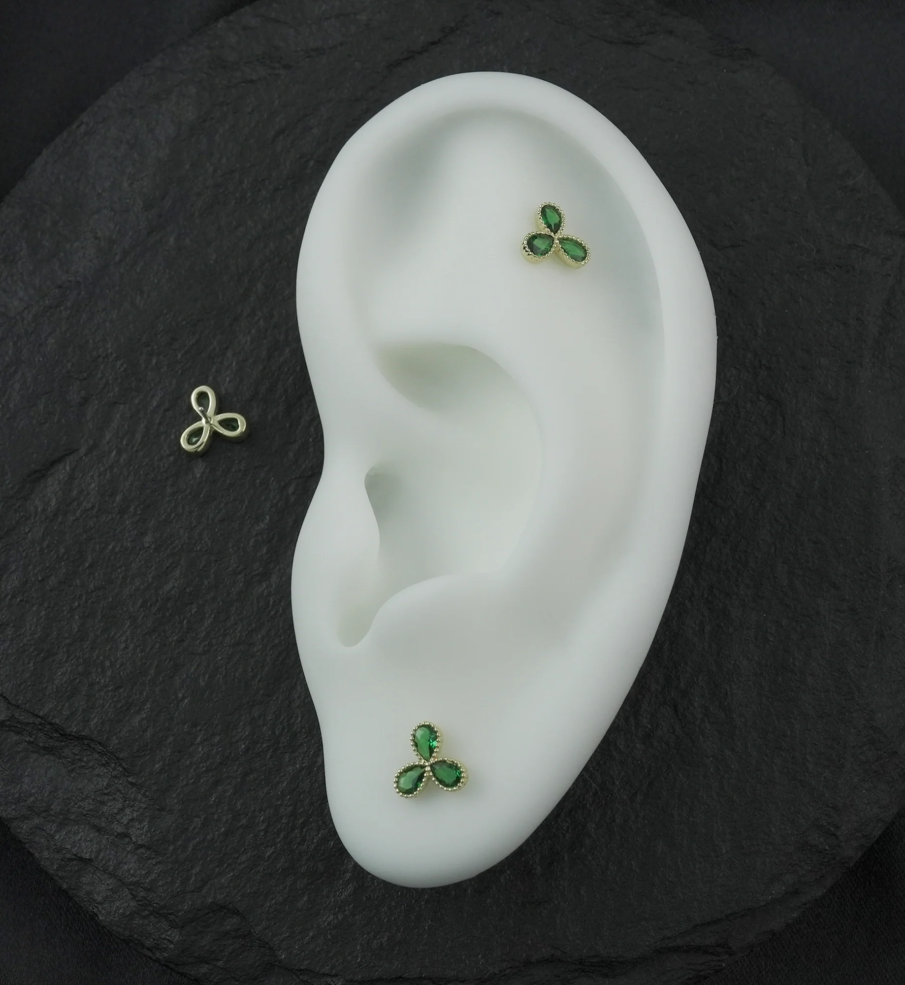 14kt Gold Triple Milgrain Teardrop Emerald CZ Threadless Top - Image 2