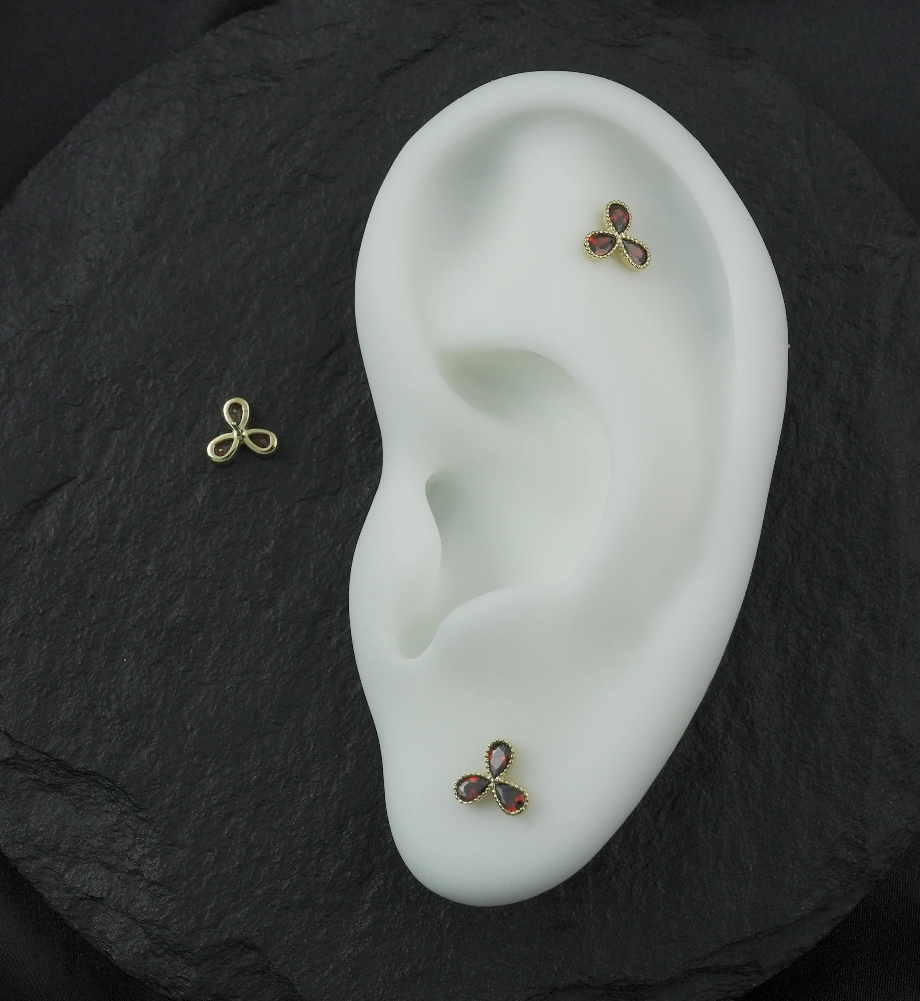 14kt Gold Triple Milgrain Teardrop Ruby CZ Threadless Top - Image 2