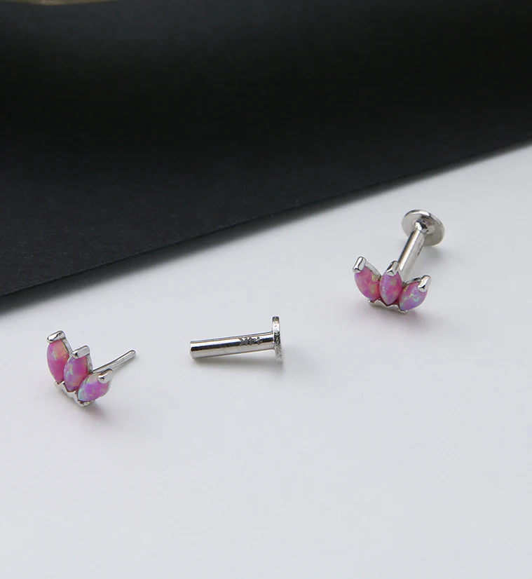 14kt White Gold Empress Triple Pink Opalite Threadless Labret - Image 2