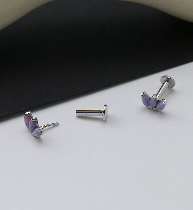 14kt White Gold Empress Triple Purple Opalite Threadless Labret - Image 2