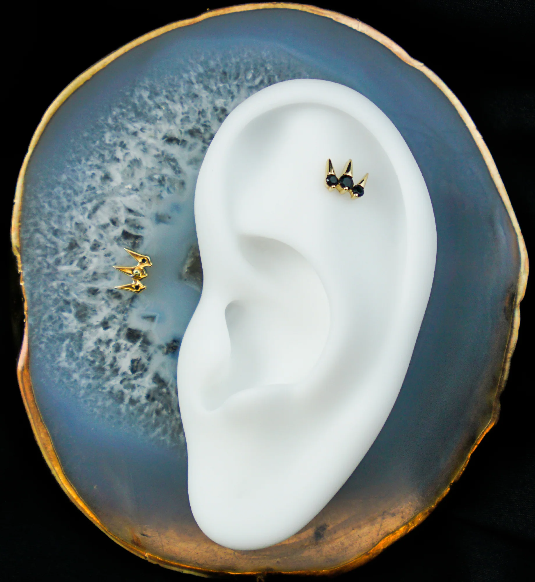 14kt Gold Triple Spike Black CZ Threadless Top - Image 2