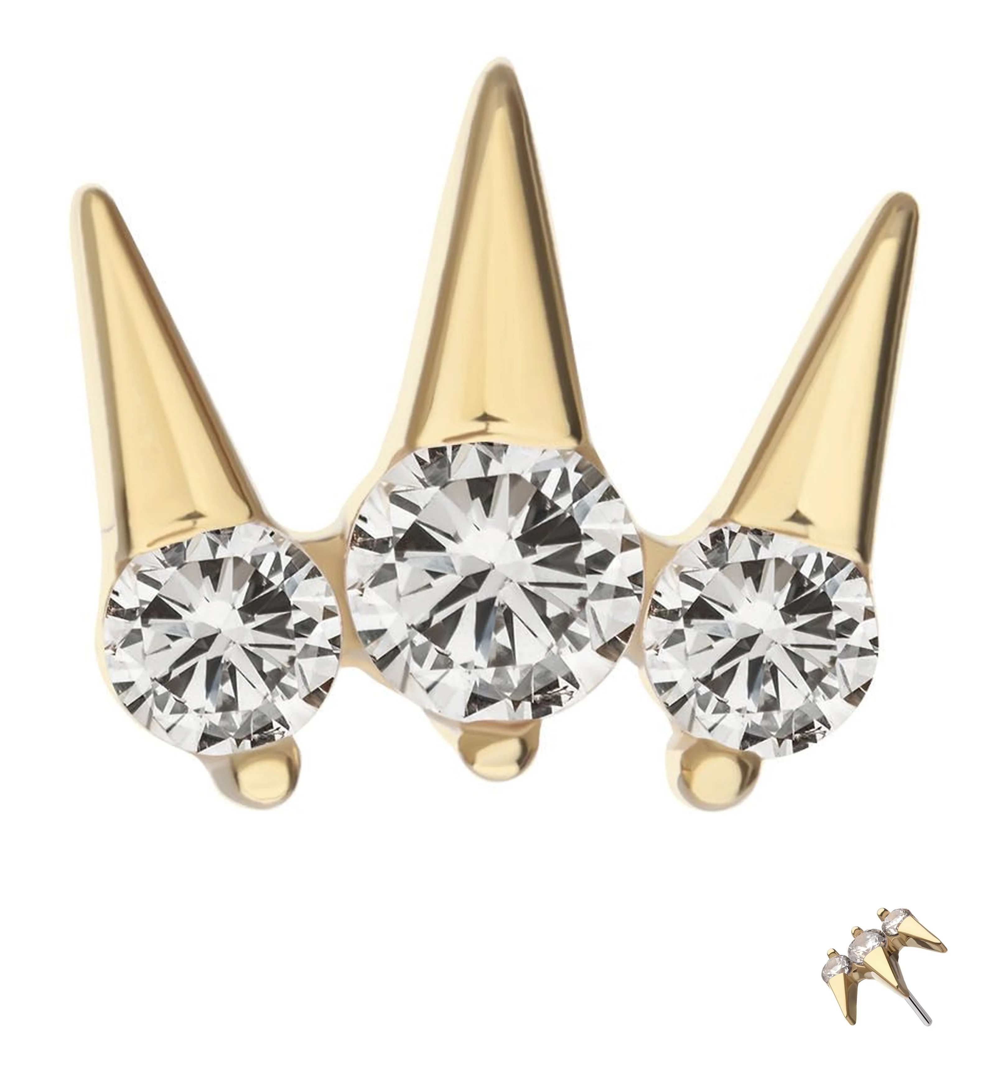 14kt Gold Triple Spike Clear CZ Threadless Top