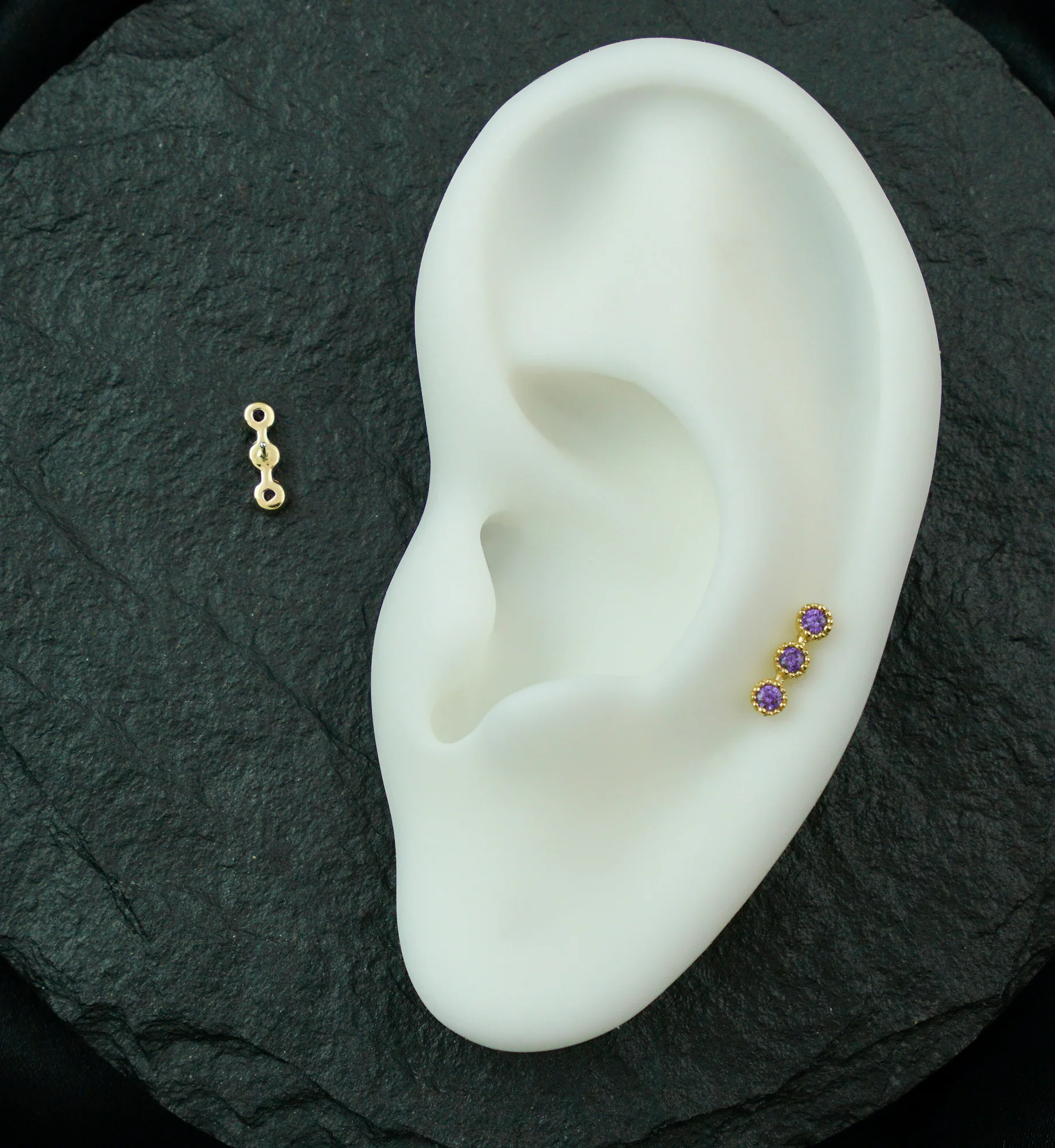 14kt Gold Triple Stacked Beaded Amethyst CZ Threadless Top - Image 2