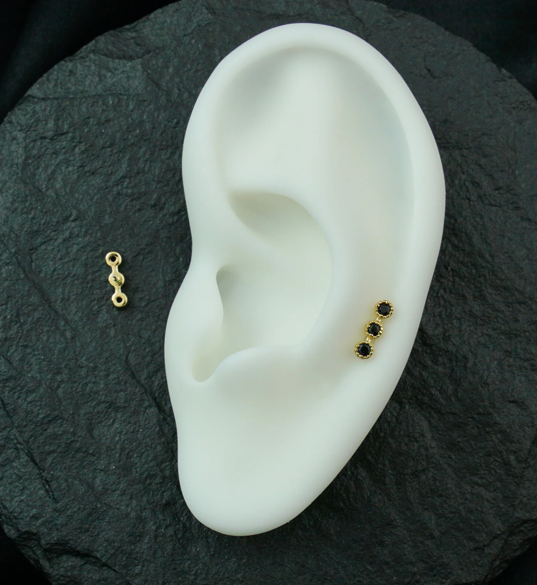 14kt Gold Triple Stacked Beaded Black CZ Threadless Top - Image 2