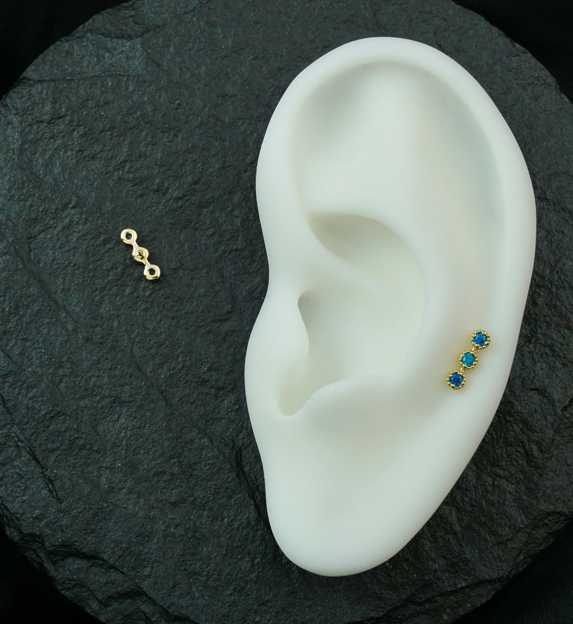 14kt Gold Triple Stacked Beaded Blue Topaz CZ Threadless Top - Image 2