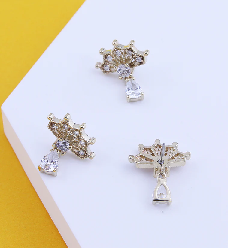 14kt Gold Vane Clear CZ Teardrop Dangle Threadless Top - Image 2