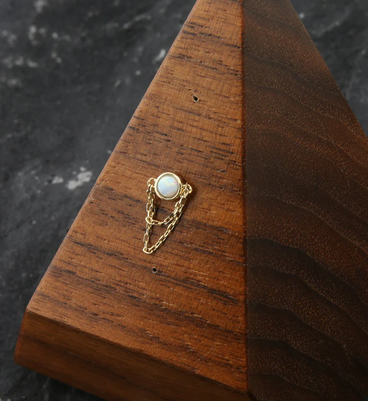 14kt Gold White Opalite Double Dangle Chain Threadless Top - Image 2