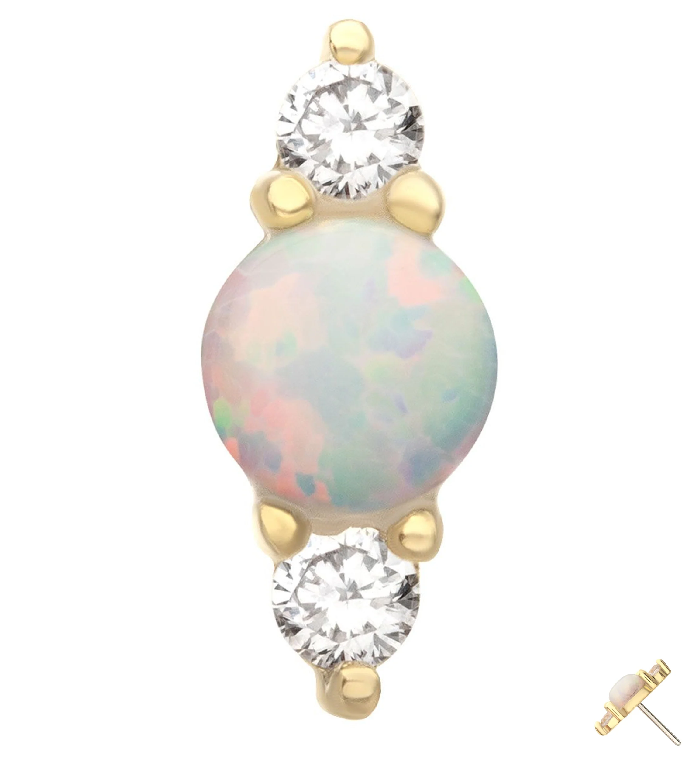 14kt Gold White Opalite Double Clear CZ Threadless Top
