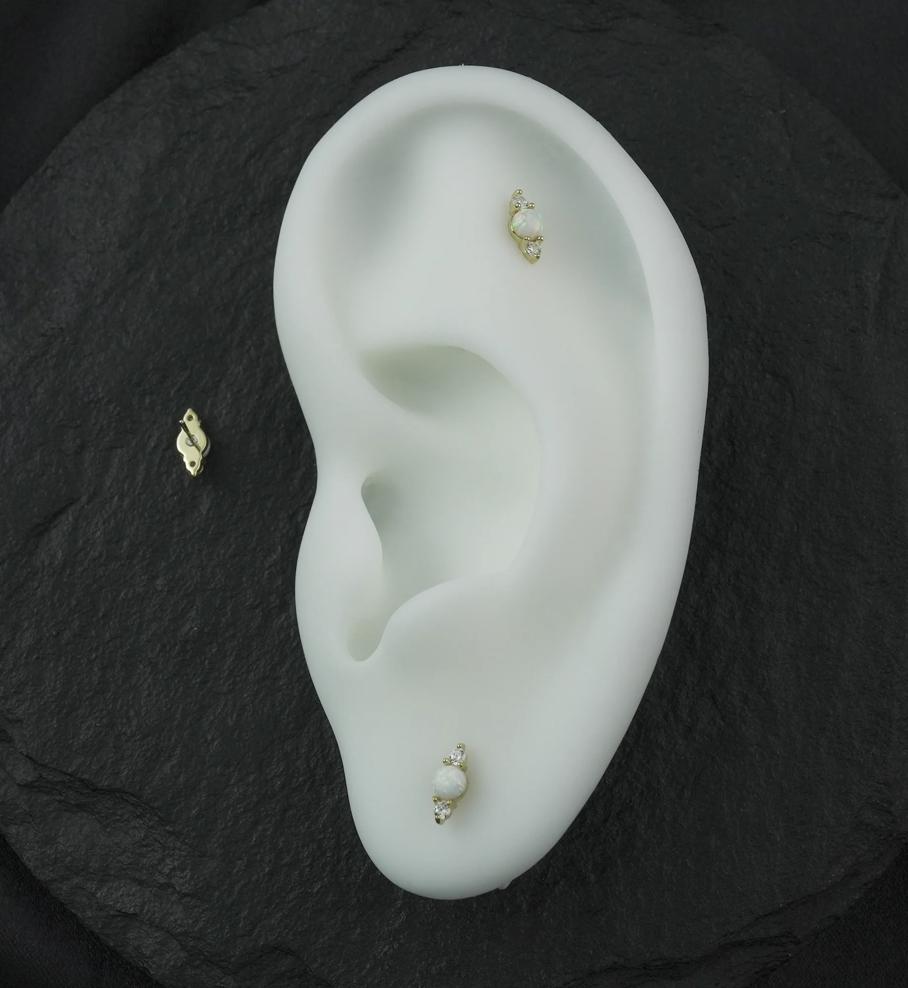 14kt Gold White Opalite Double Clear CZ Threadless Top - Image 2