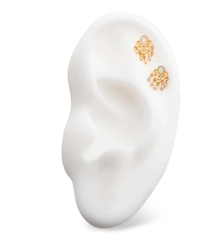 14kt Gold White Opalite Teardrop and Dangle CZ Threadless Top - Image 3