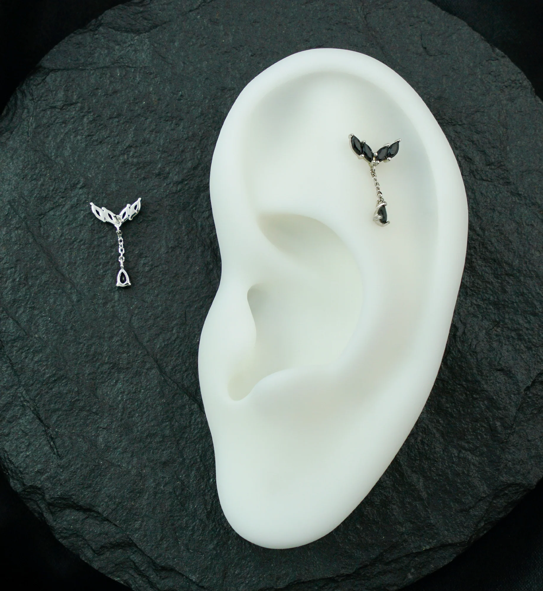 14kt White Gold Arrow Marquise Black CZ Dangle Threadless Top - Image 2