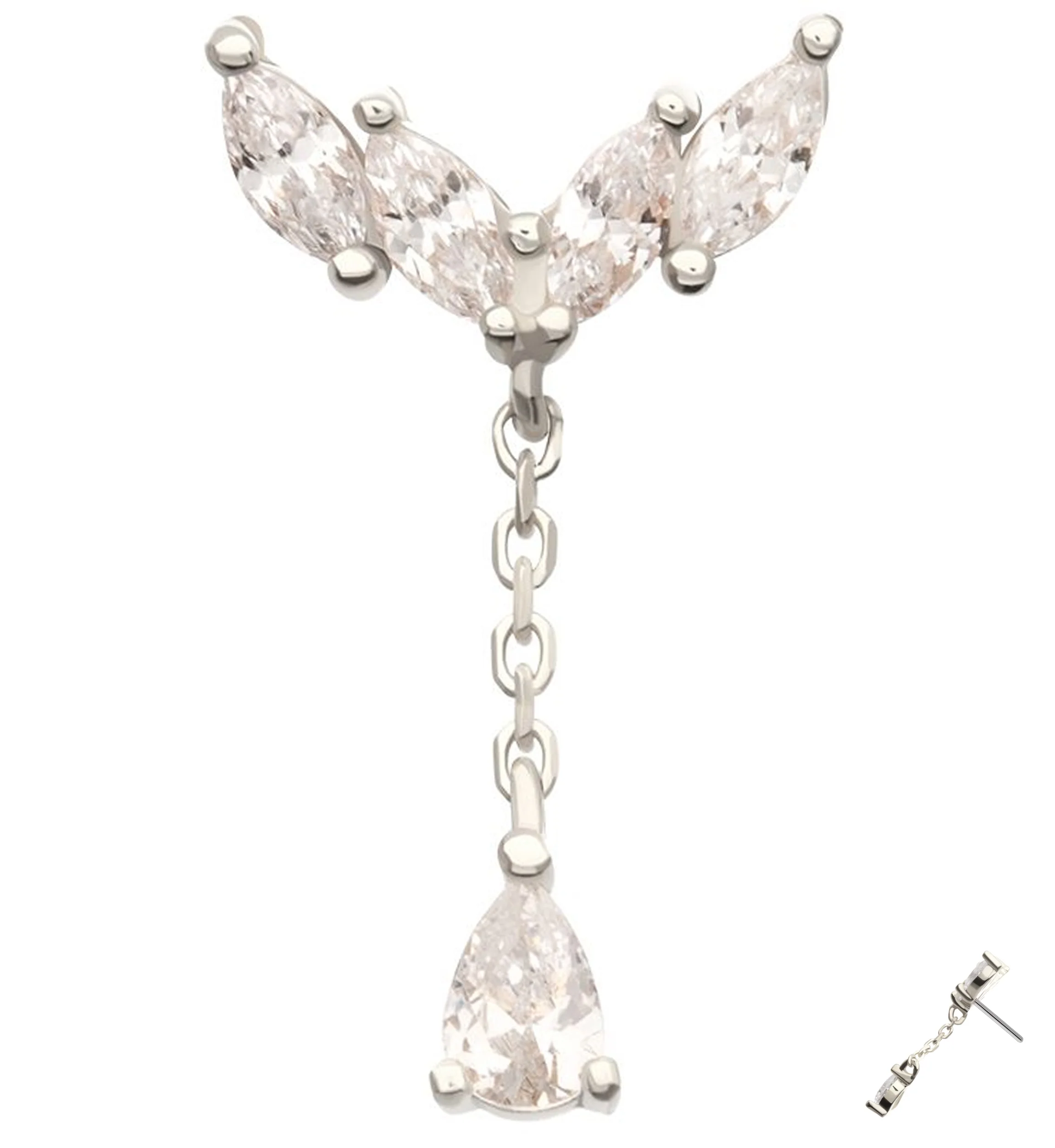 14kt White Gold Arrow Marquise Clear CZ Dangle Threadless Top