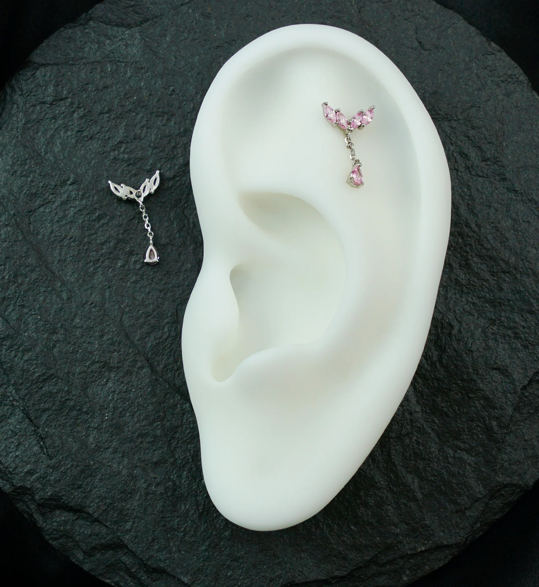 14kt White Gold Arrow Marquise Pink CZ Dangle Threadless Top - Image 2
