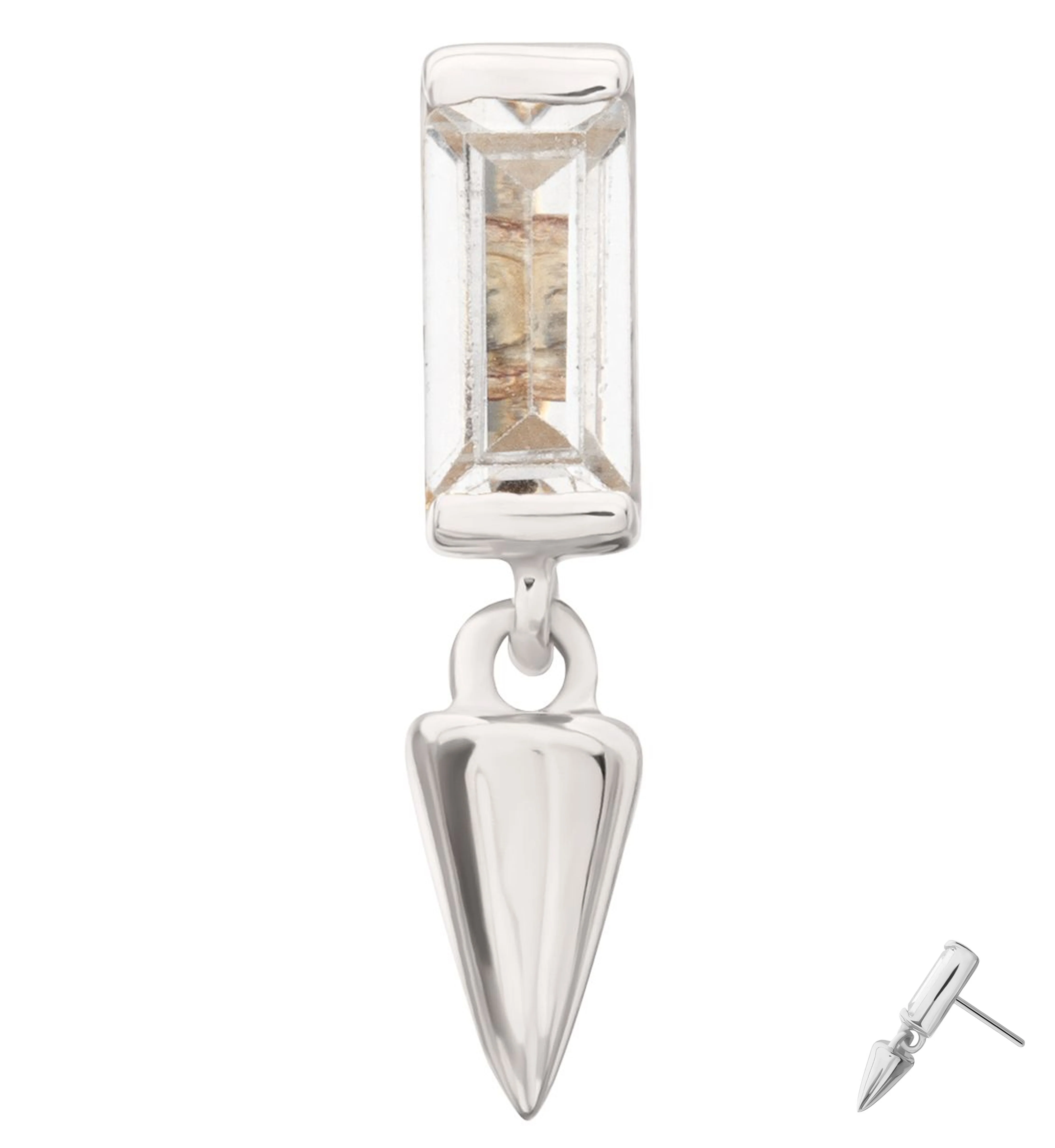 14kt White Gold Baguette Clear CZ Dangle Cone Threadless Top