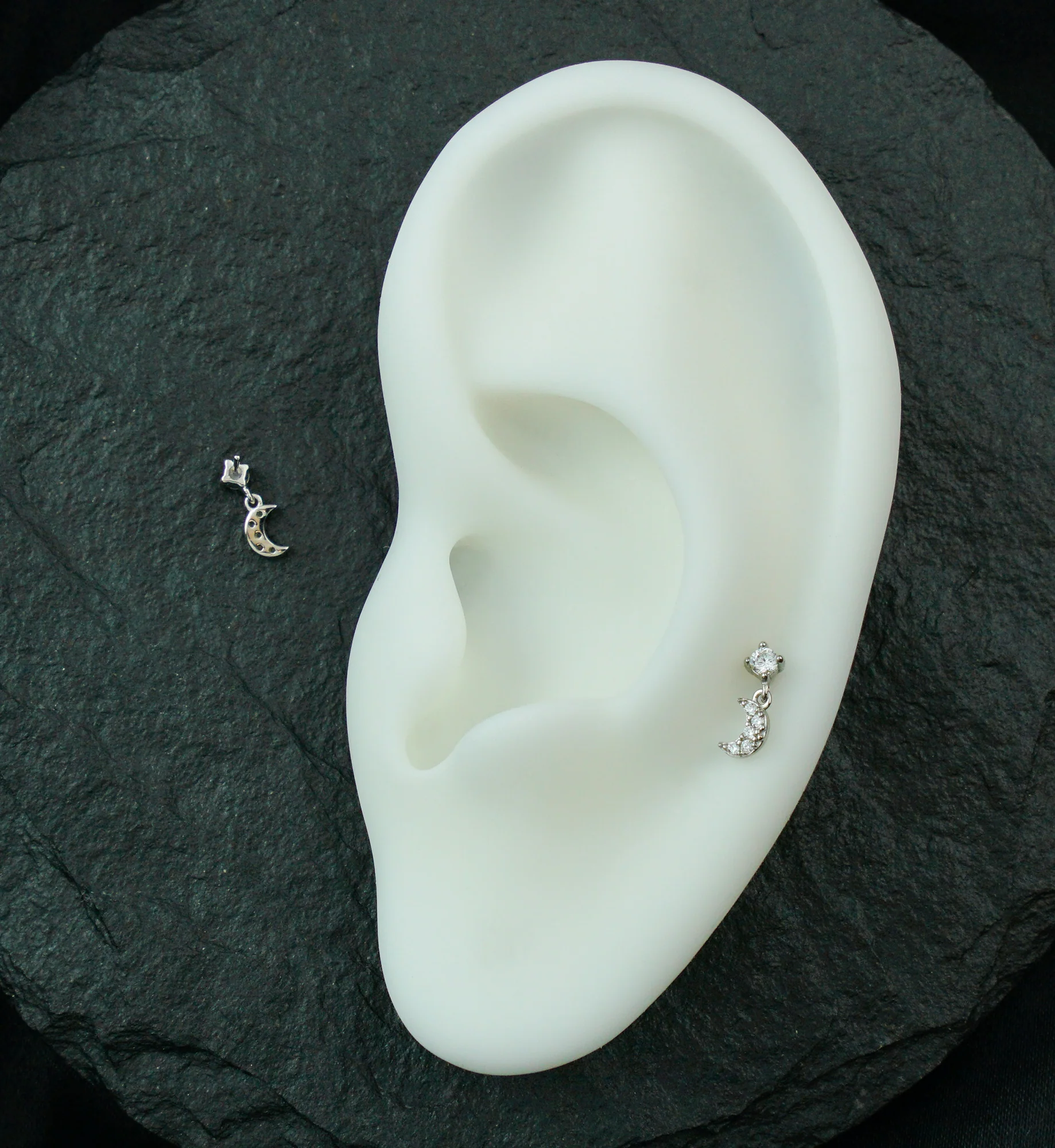 14kt White Gold Beaded Half Moon Clear CZ Dangle Threadless Top - Image 2