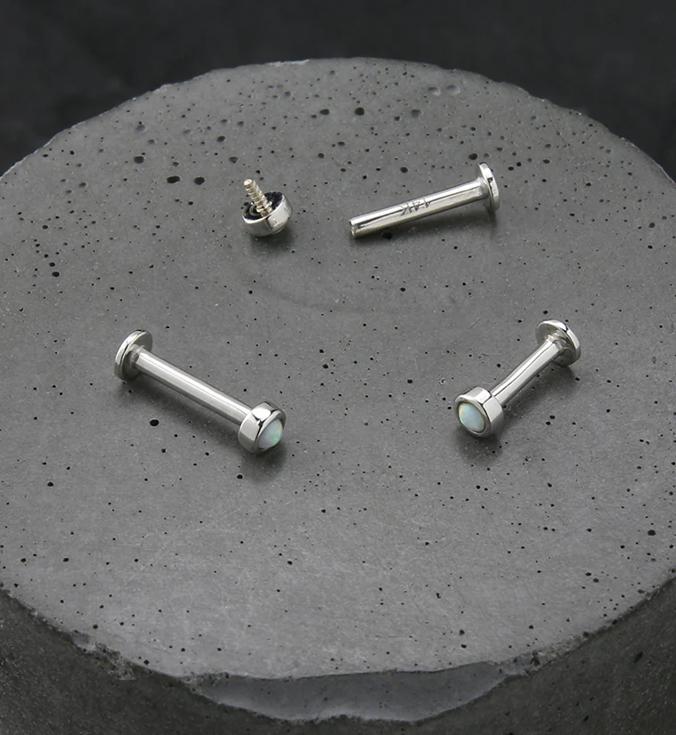 14kt White Gold Bezel White Opalite Internally Threaded Labret - Image 2