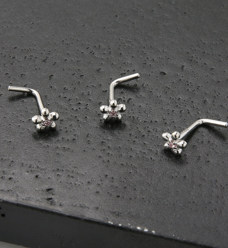 14kt White Gold Daisy Pink CZ L Bend Nose Ring - Image 2