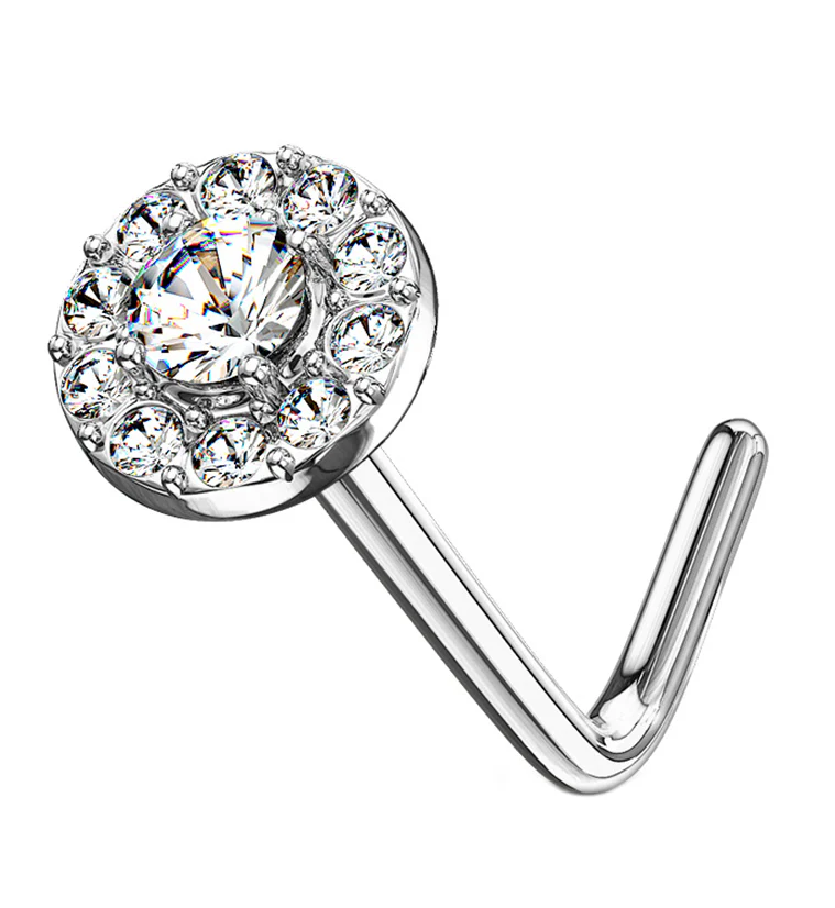 14kt White Gold Disk w Clear CZ L Bend Nose Ring
