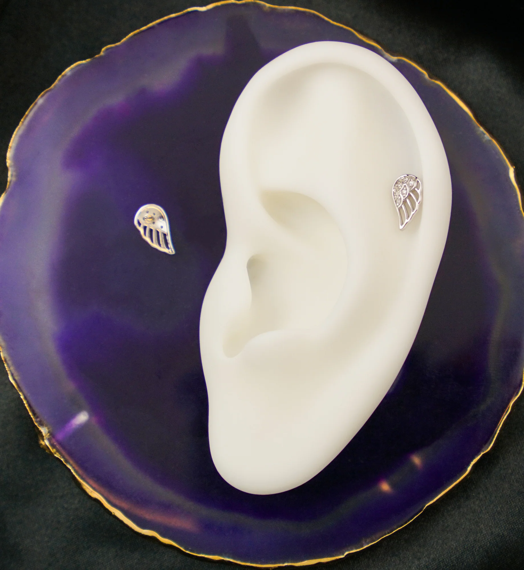 14kt White Gold Divine Wing Clear CZ Threadless Top (Left Ear) - Image 2