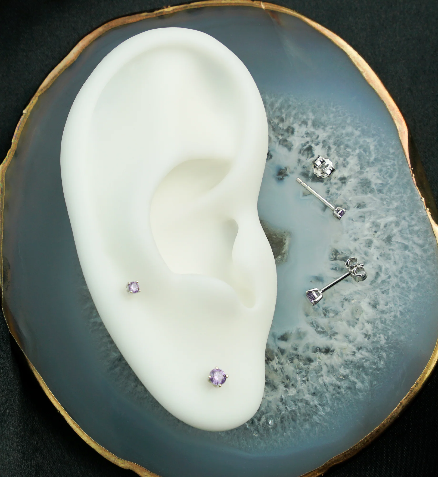 14kt White Gold February Birthstone Amethyst CZ Stud Earrings - Image 2