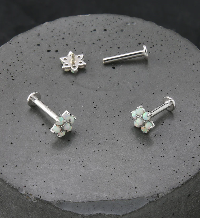 14kt White Gold Flower White Opalite Internally Threaded Labret - Image 2