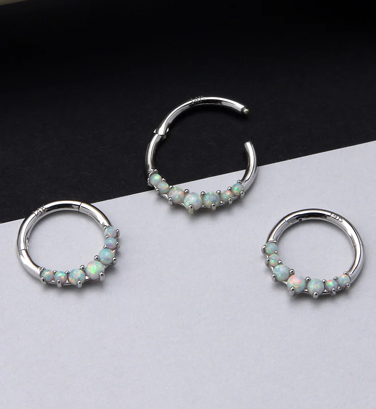 14kt White Gold Front Facing White Opalite Hinged Segment Ring - Image 2