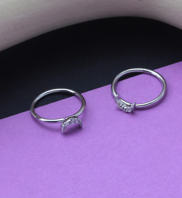 14kt White Gold Half Moon Clear CZ Hoop Ring - Image 2