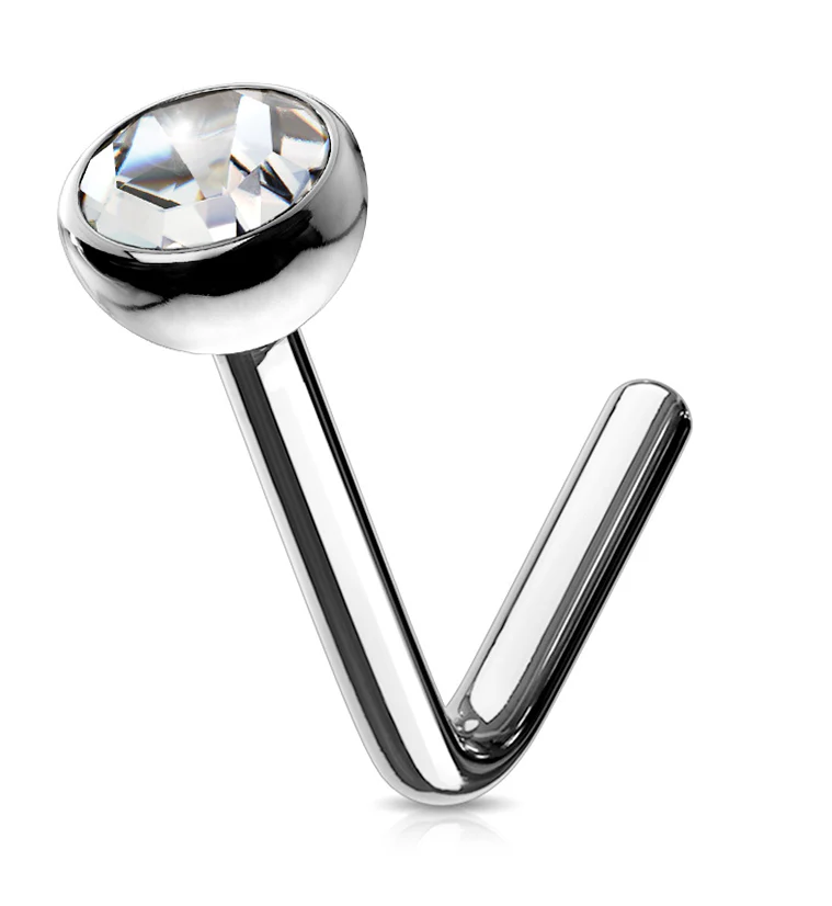 14kt White Gold L Bend CZ Bezel Nose Ring