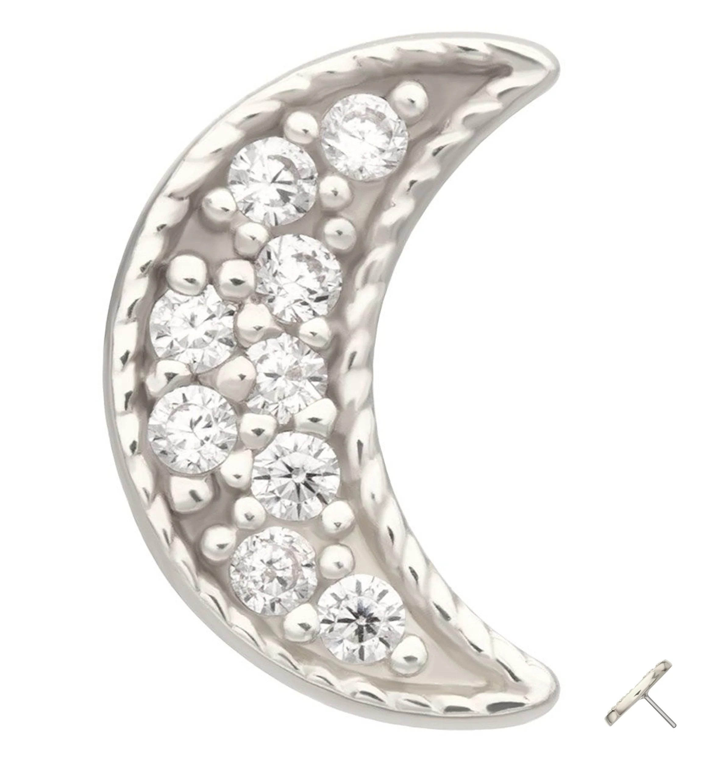 14kt White Gold Milgrain Bead Crescent Moon Clear CZ Threadless Top