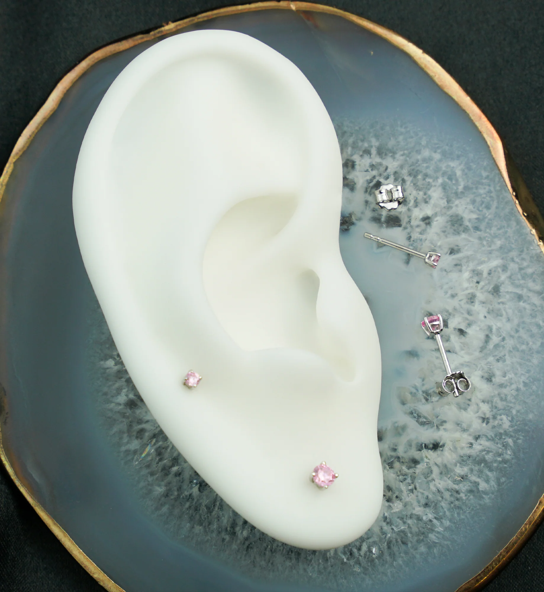 14kt White Gold October Birthstone Pink CZ Stud Earrings - Image 2