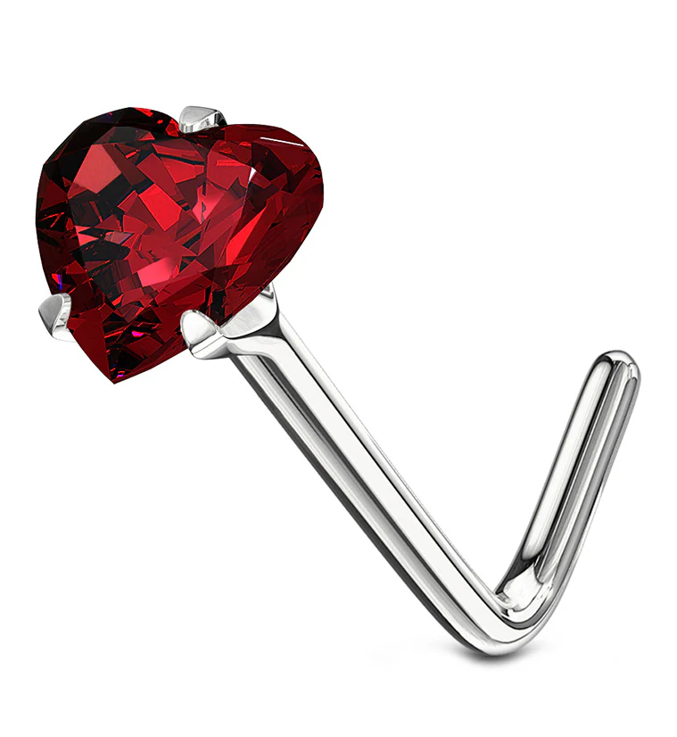 14kt White Gold Magenta Fusia Heart CZ L Bend Nose Ring - Image 2