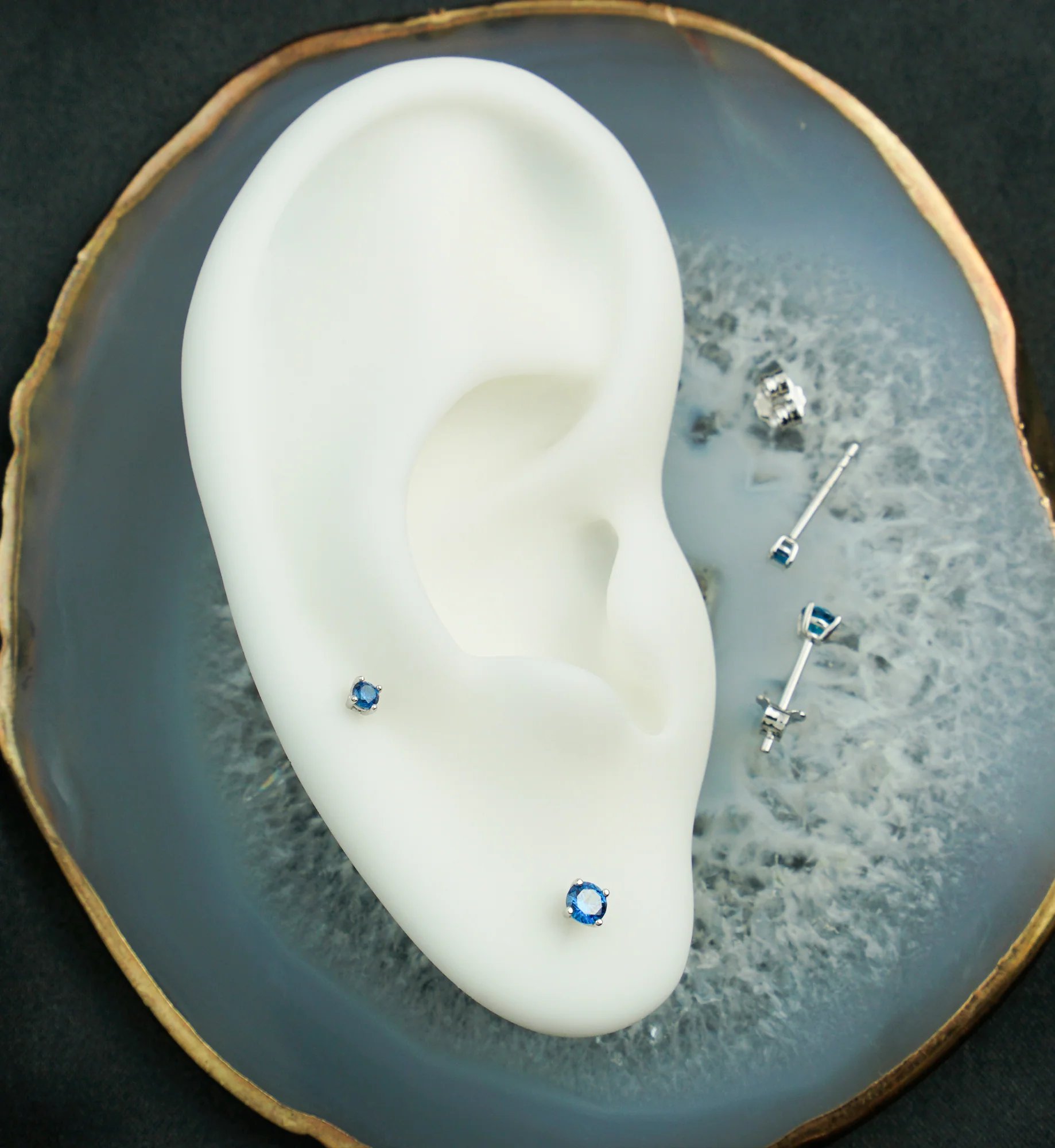 14kt White Gold September Birthstone Sapphire CZ Stud Earrings - Image 2