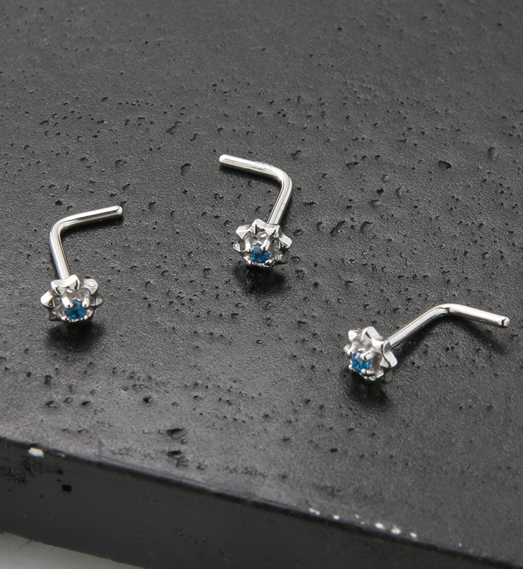 14kt White Gold Sol Aqua CZ L Bend Nose Ring - Image 2