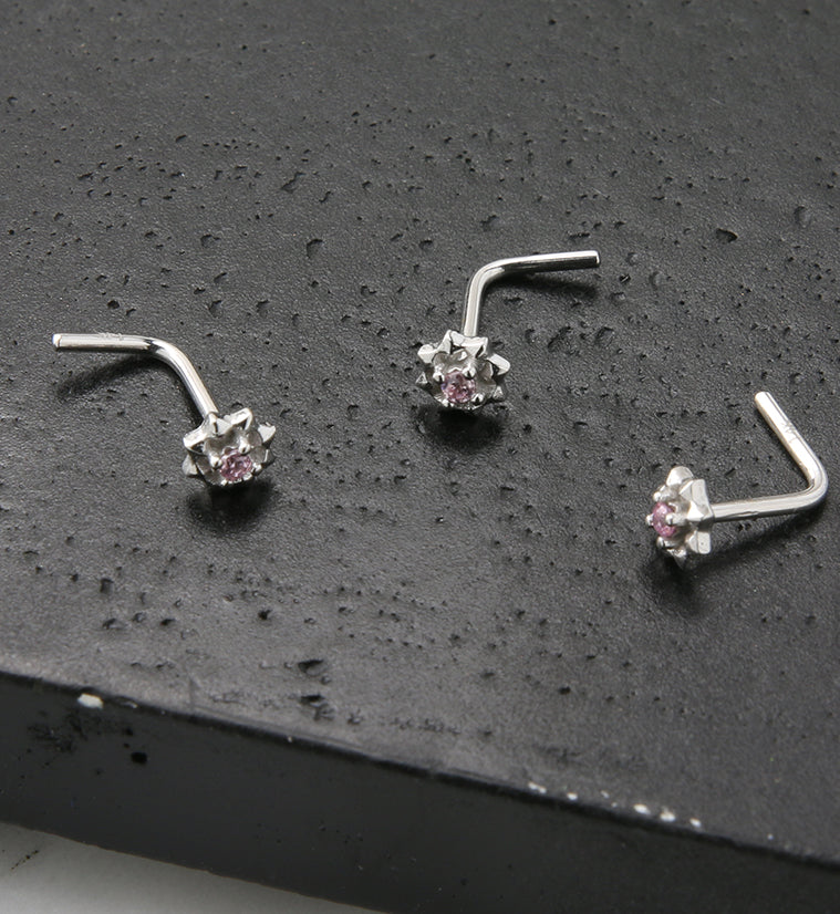 14kt White Gold Sol Pink CZ L Bend Nose Ring - Image 2