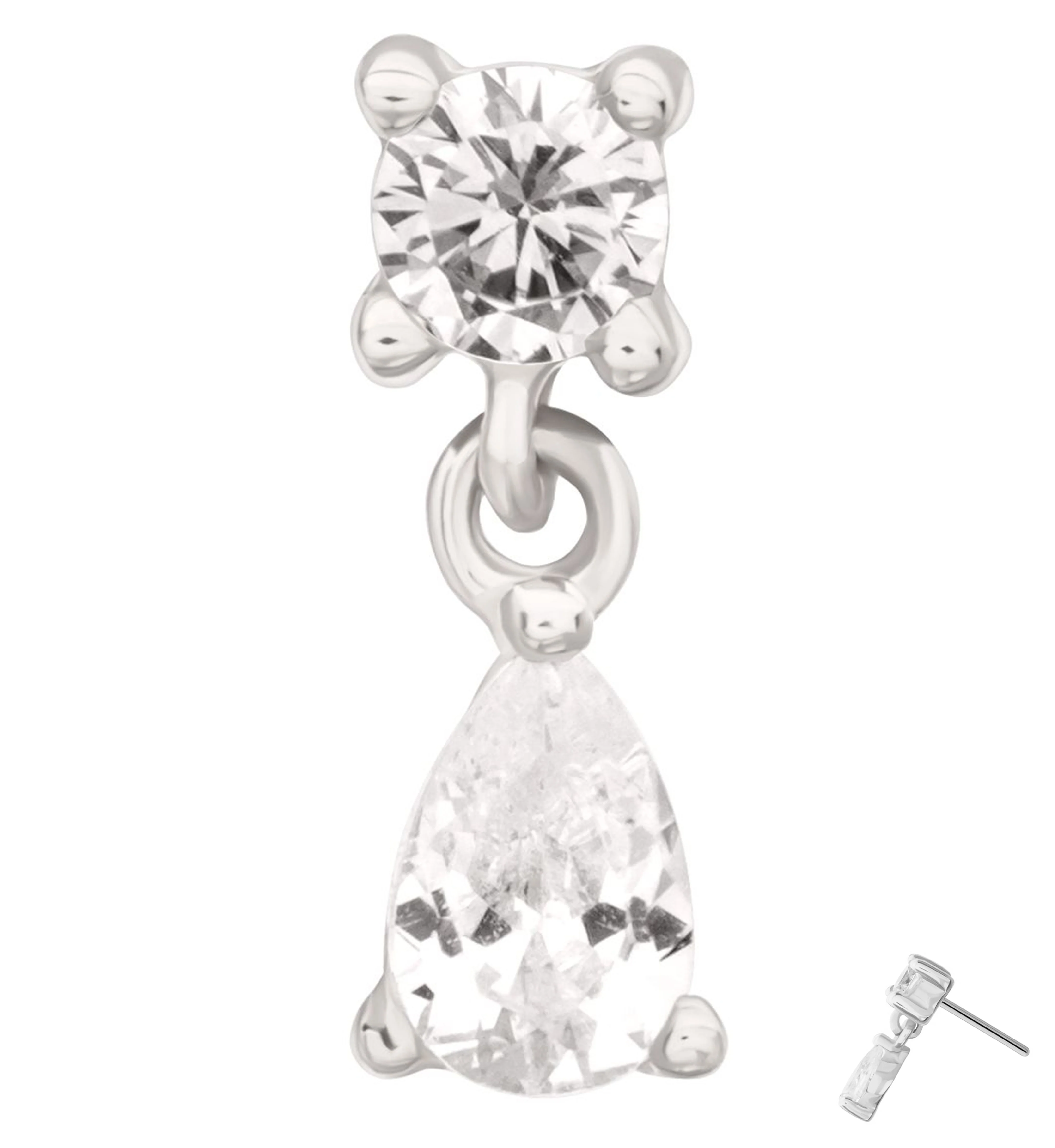14kt White Gold Teardrop Dangle Clear CZ Threadless Top