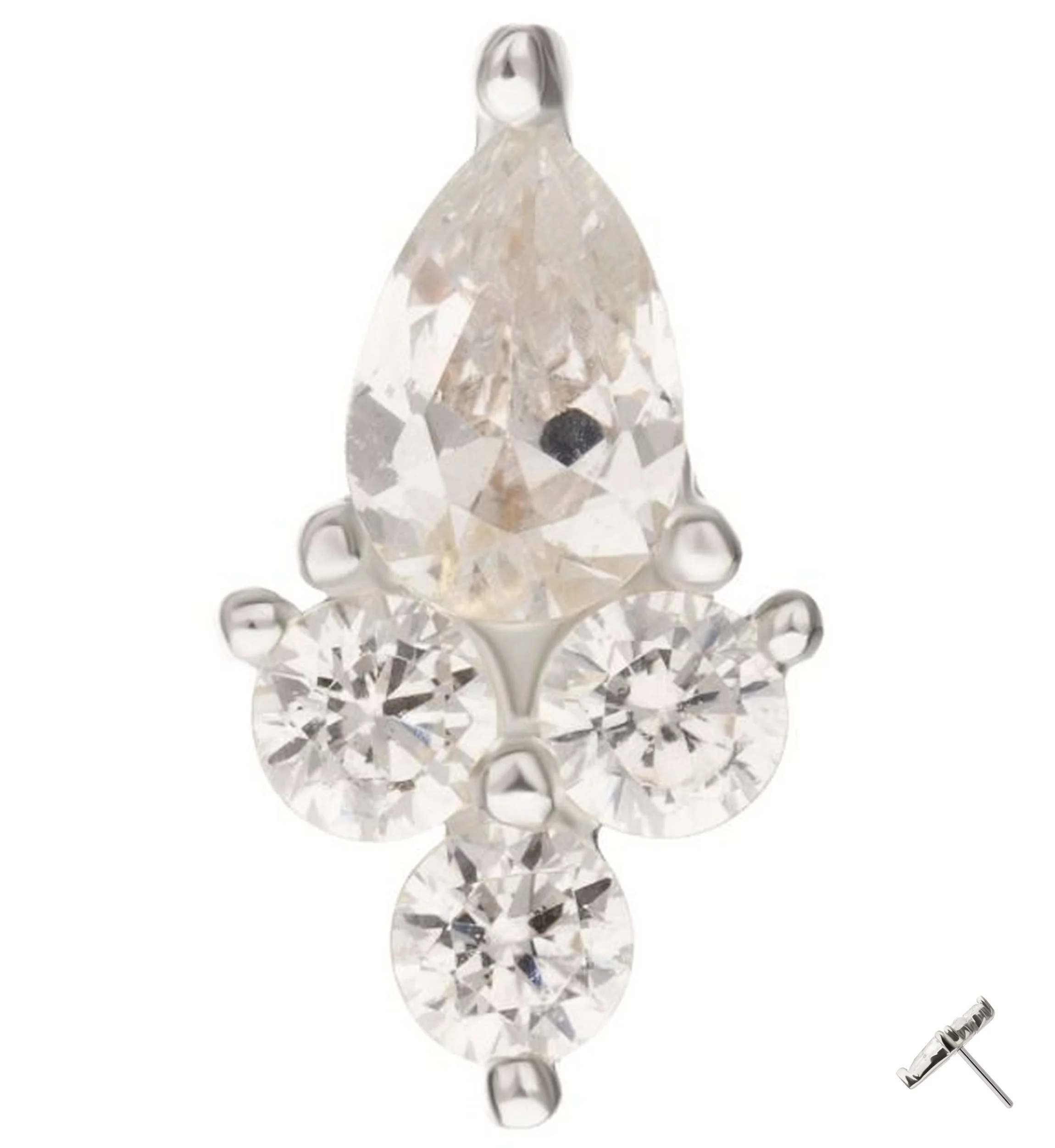 14kt White Gold Teardrop Trinity Bottom Clear CZ Threadless Top