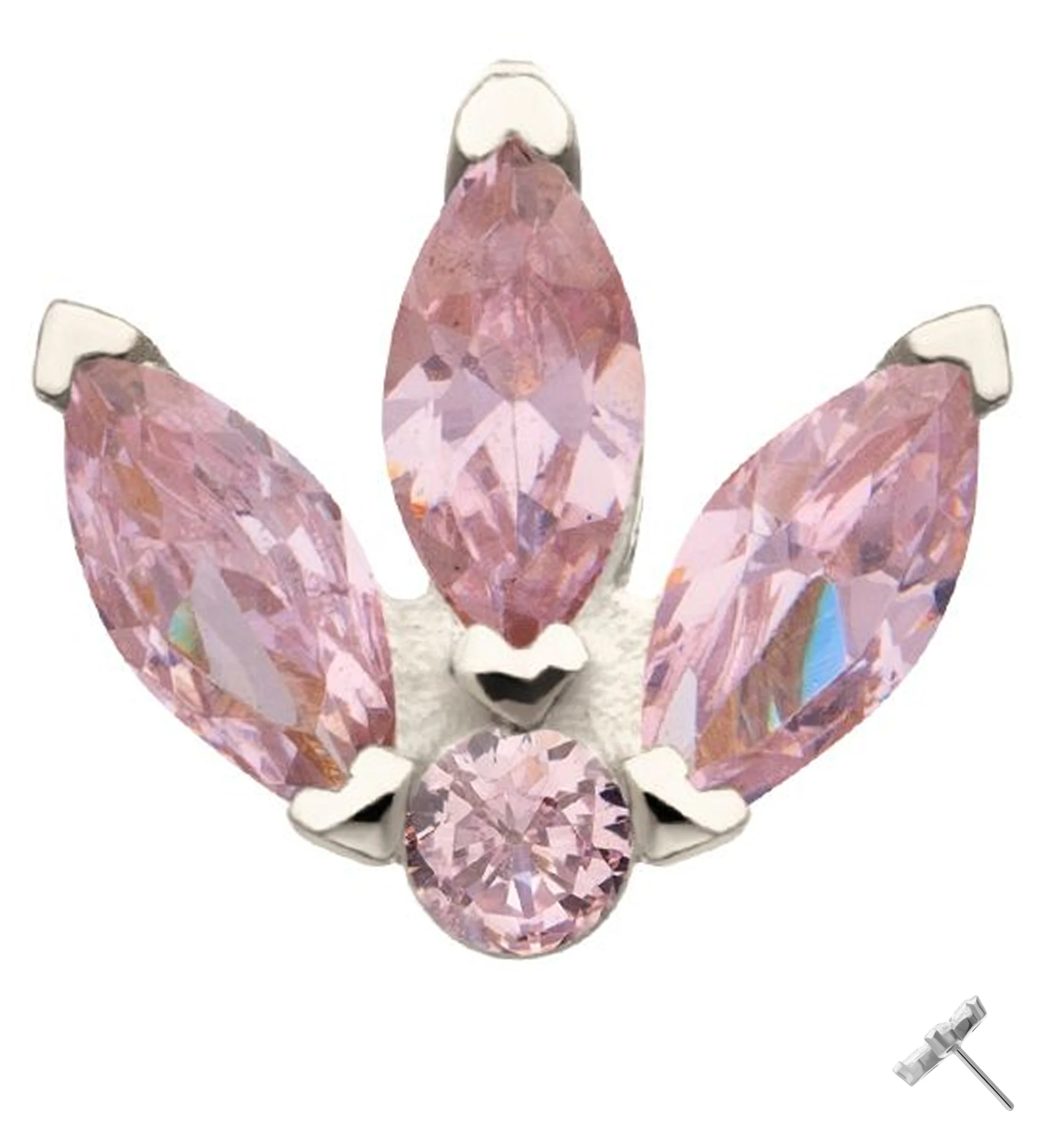 14kt White Gold Tri Sepal Pink CZ Threadless Top
