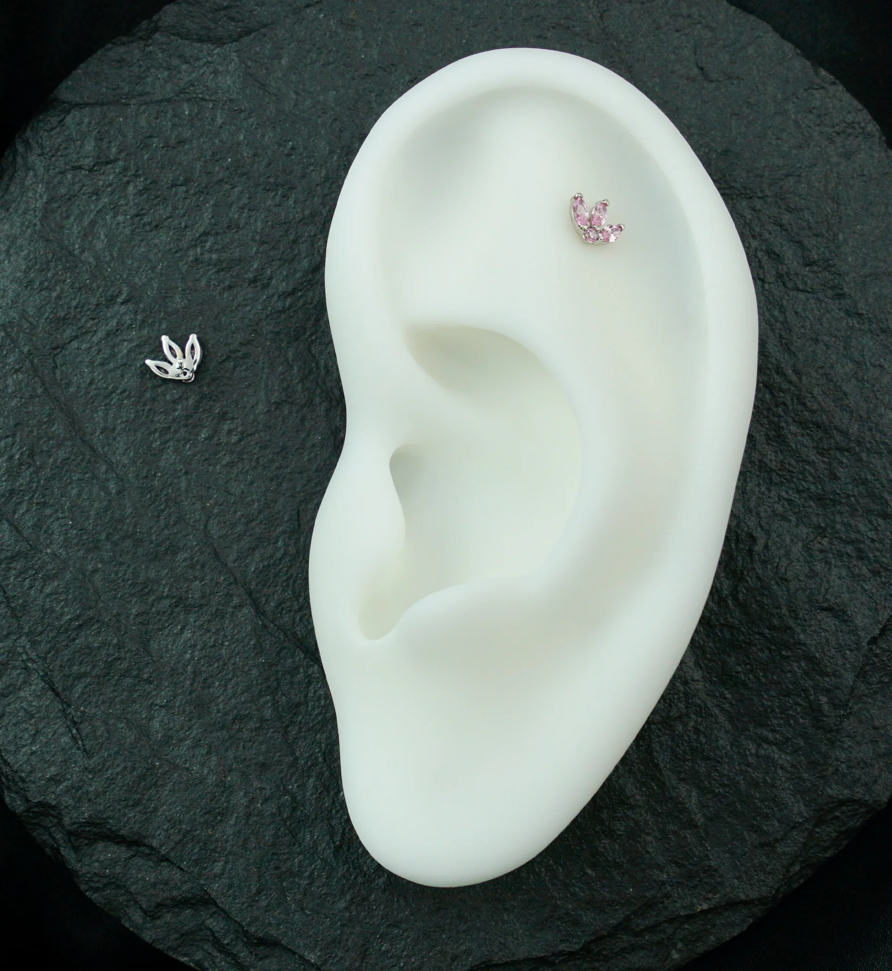 14kt White Gold Tri Sepal Pink CZ Threadless Top - Image 2