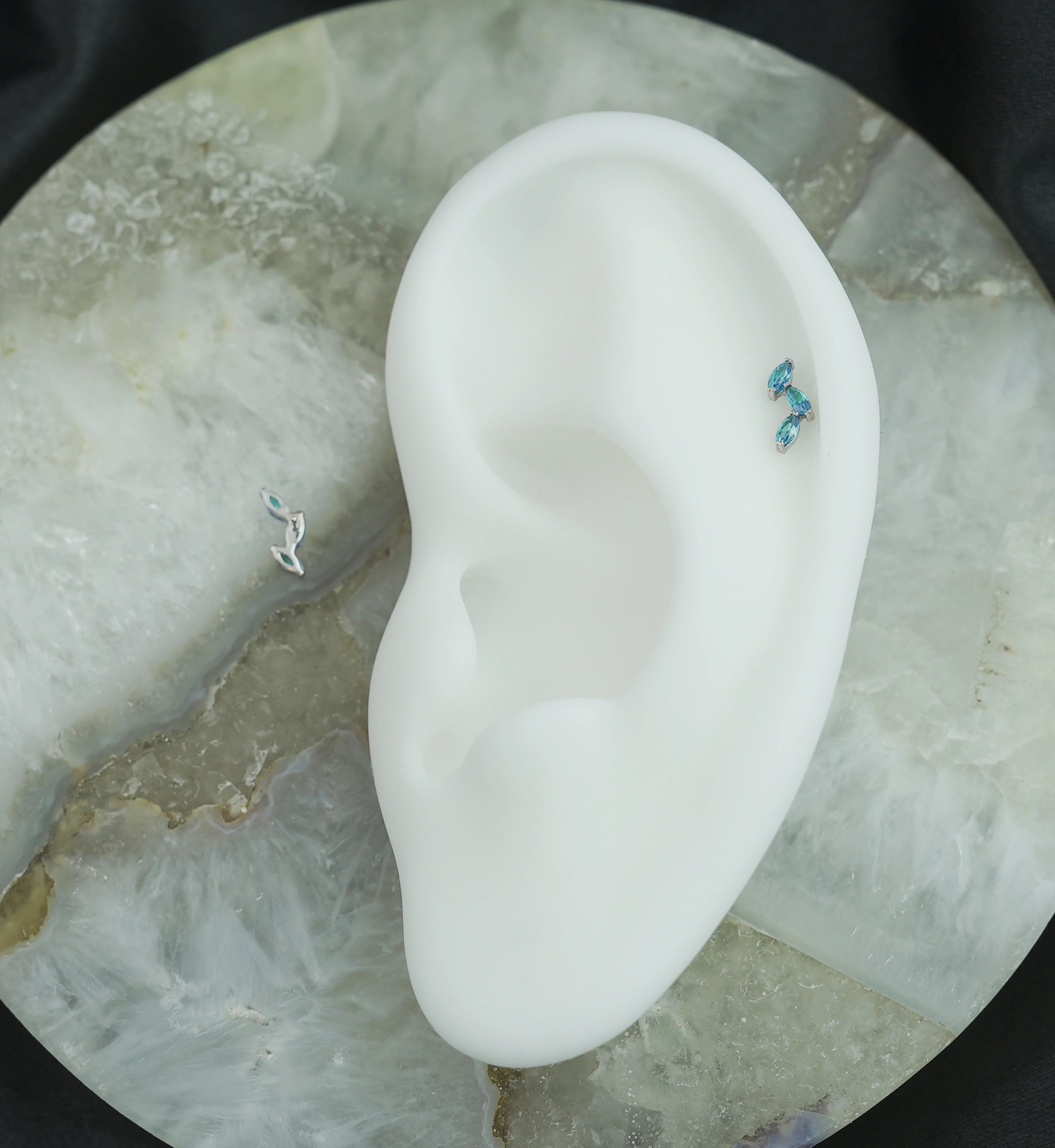 14kt White Gold Triple Marquise Vine Blue Topaz CZ Threadless Top - Image 2