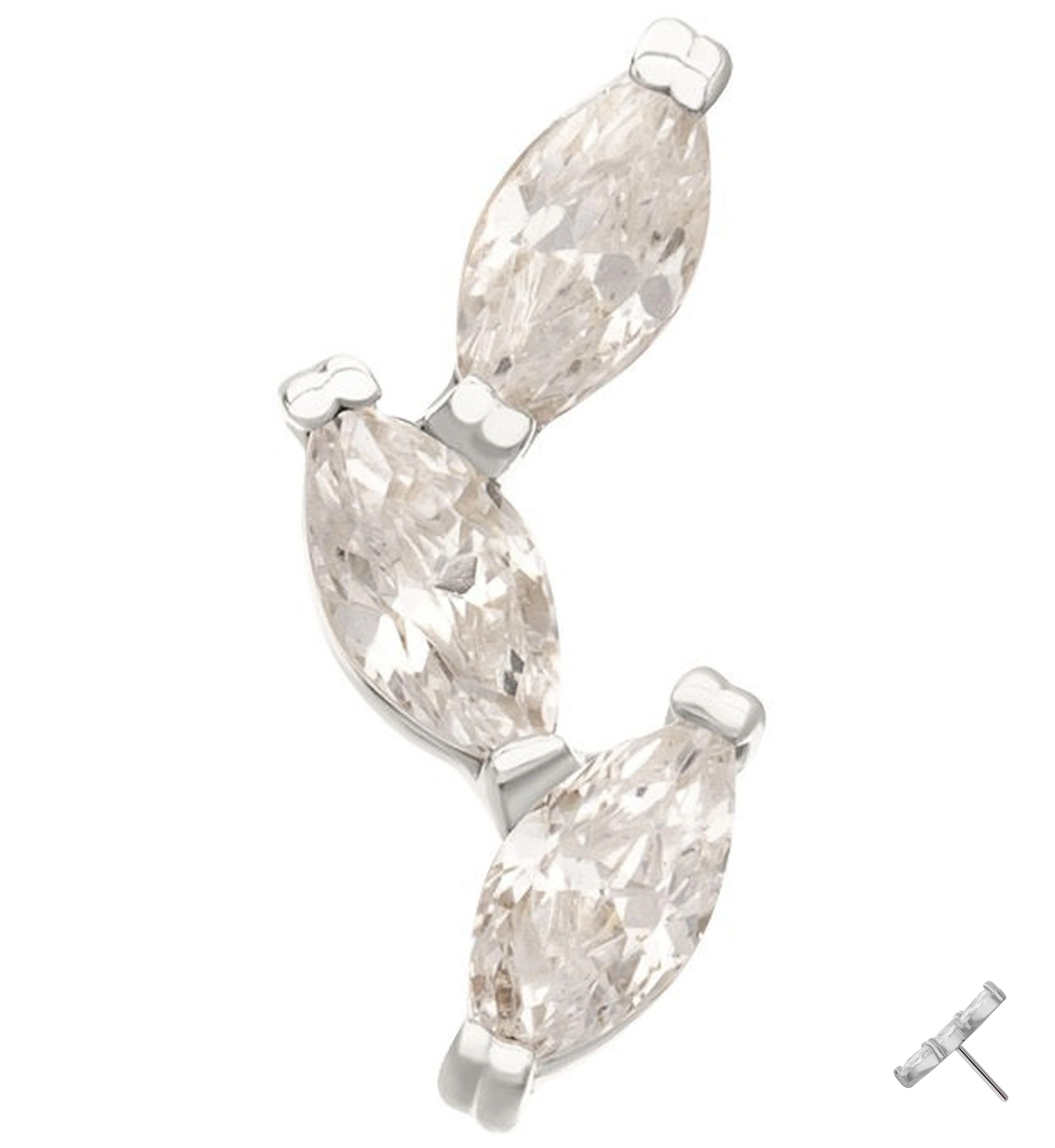 14kt White Gold Triple Marquise Vine Clear CZ Threadless Top