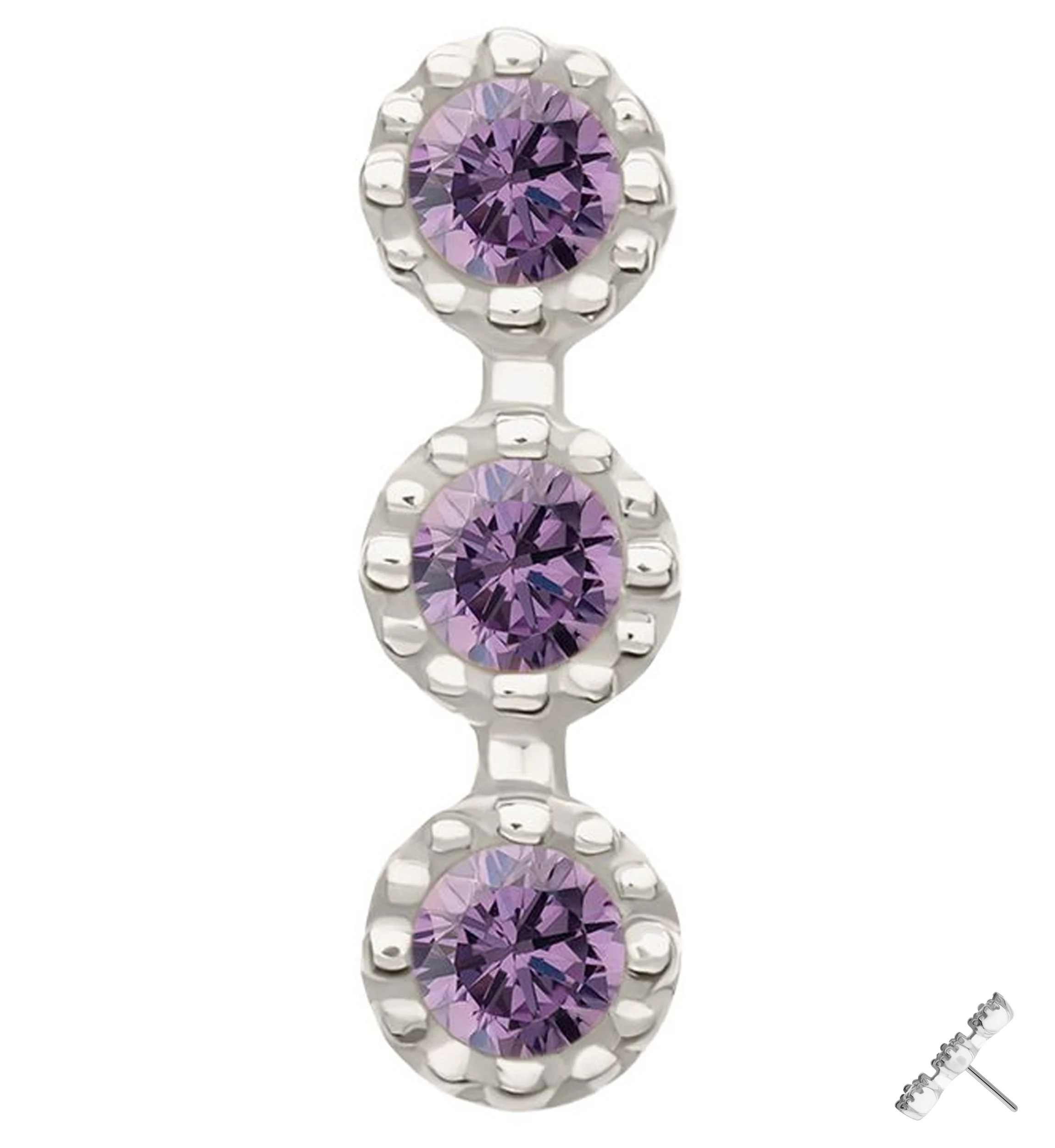14kt White Gold Triple Stacked Beaded Amethyst CZ Threadless Top