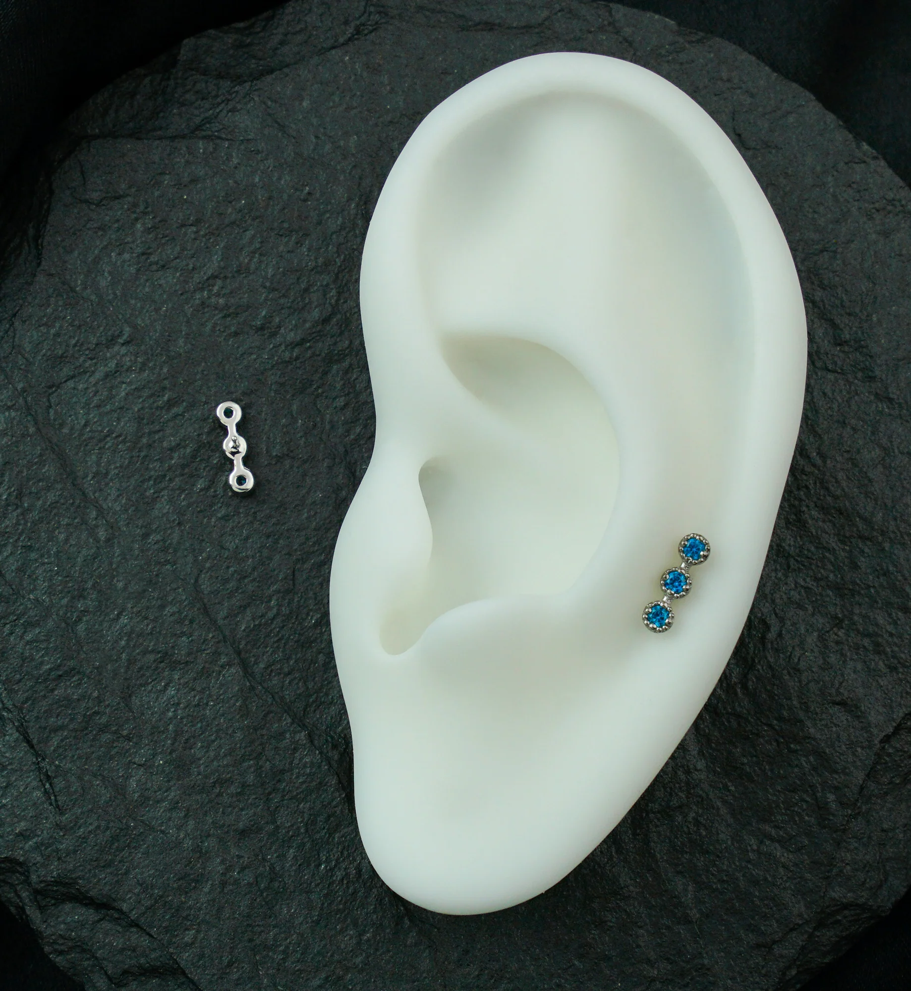 14kt White Gold Triple Stacked Beaded Blue Topaz CZ Threadless Top - Image 2
