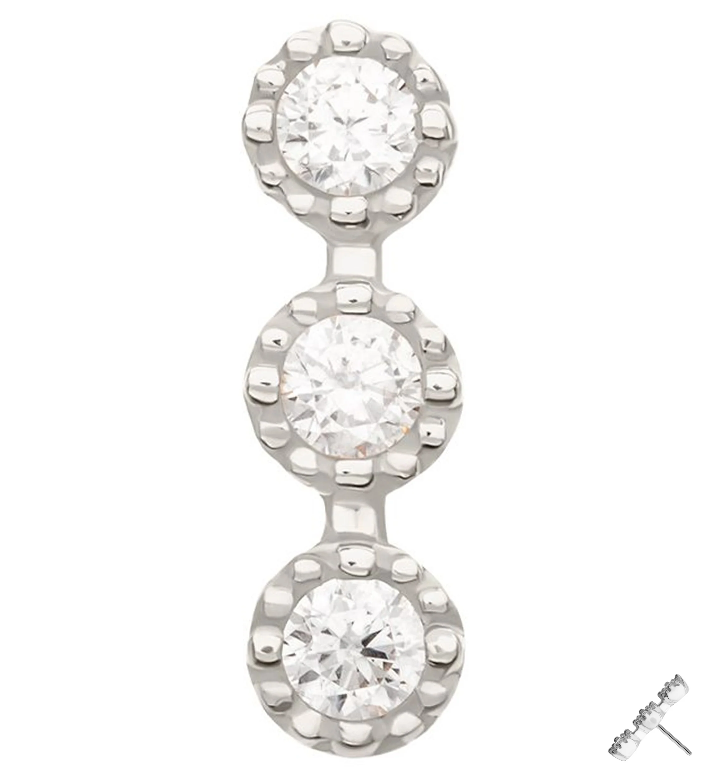 14kt White Gold Triple Stacked Beaded Clear CZ Threadless Top