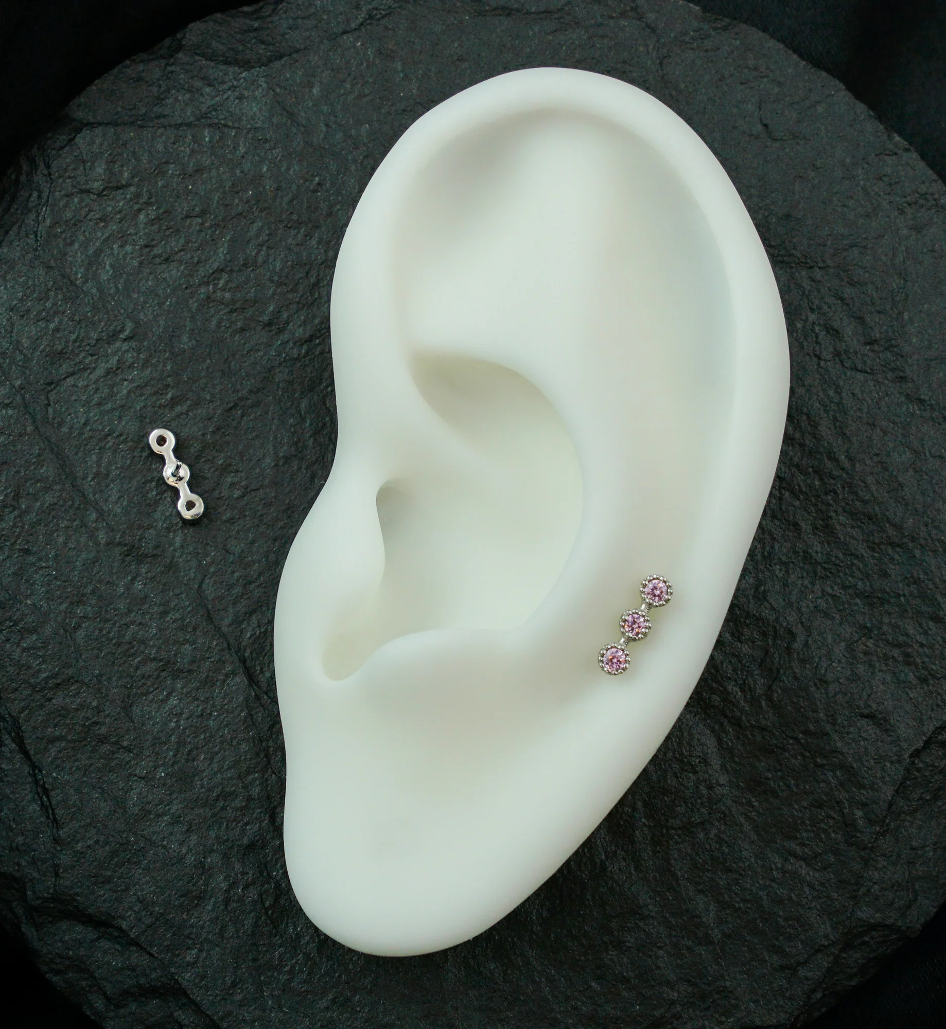14kt White Gold Triple Stacked Beaded Pink CZ Threadless Top - Image 2