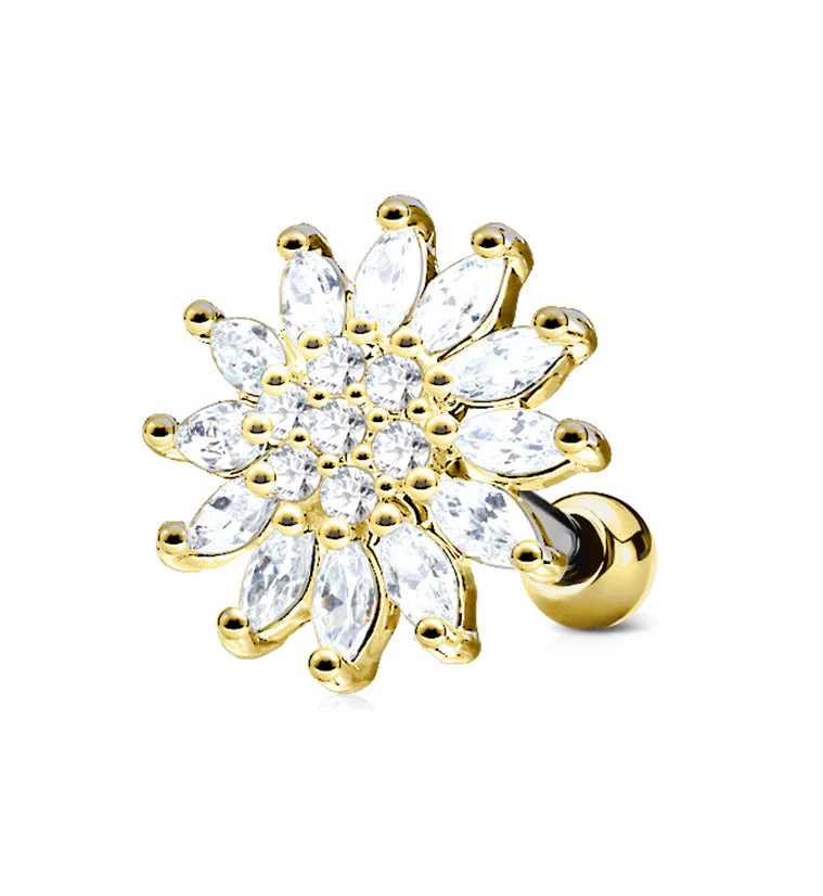 16G Gold PVD Blossom Gem Top Cartilage Barbell