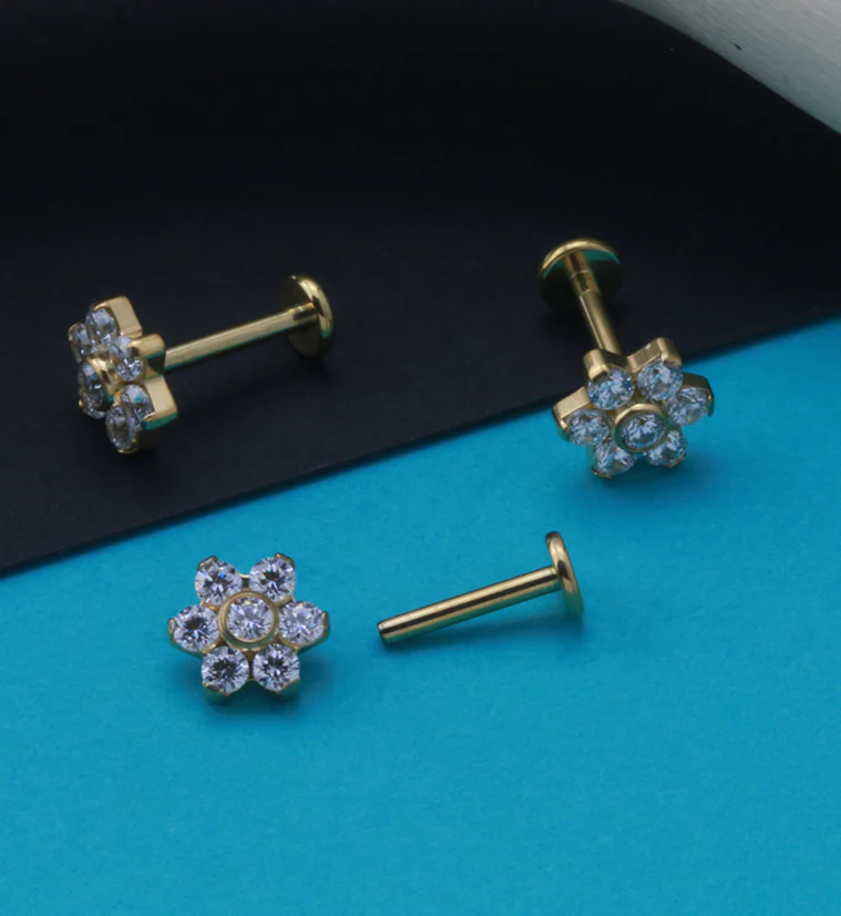 Gold PVD CZ Flower Titanium Labret Post - Image 3