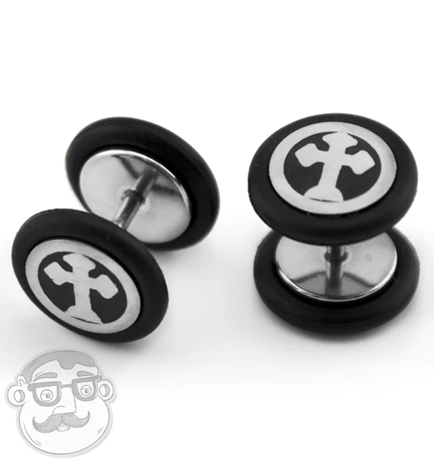 16G Goth Cross Steel Fake Plugs - Image 2